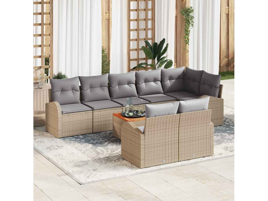 Vidaxl Conjunto De Sofá De Jardim Com Almofada 9 Pcs Bege Vime Pe