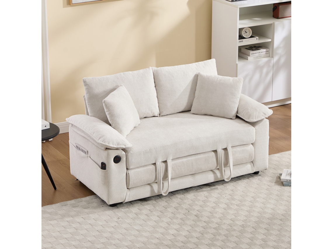Sofá-cama Futon 3 Em 1 De 58 Polegadas, 2 Lugares, Dobrável Com Colchão, Capitonê E Bolsos Laterais, Branco Para Sala