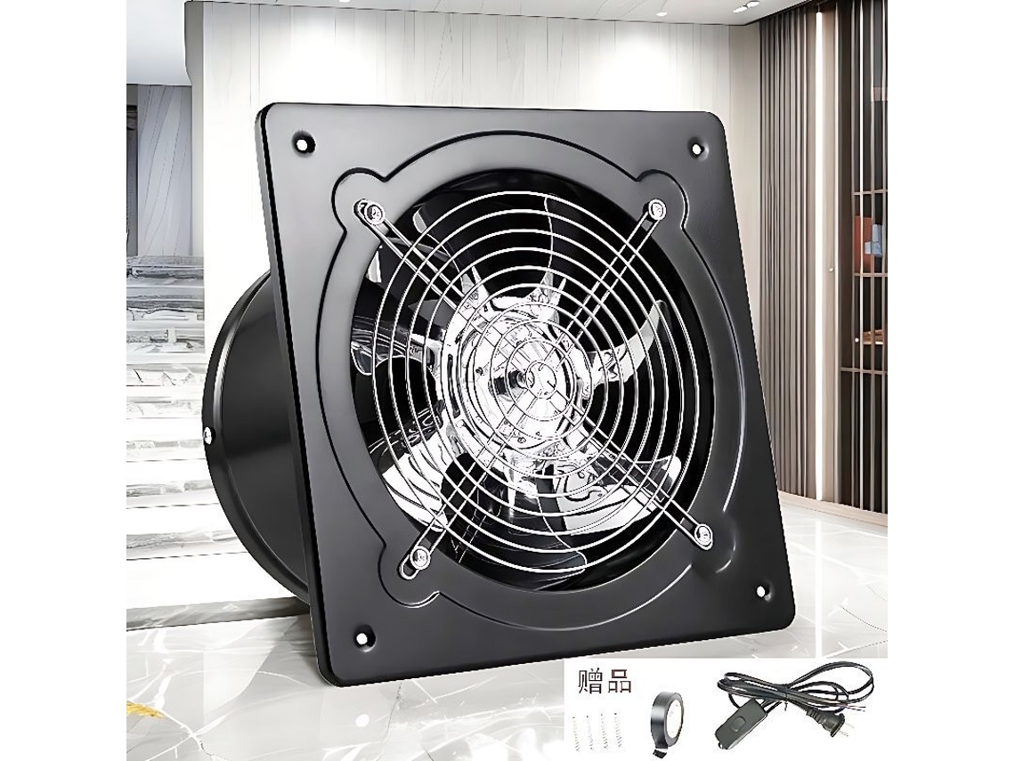 Extrator de Ar 250mm Ventilador de Parede com Válvula Anti-Retorno, Material Metálico, com Ficha EU, para Escritório, Sótão, Garagem, Cozinha, Preto Zeuxo