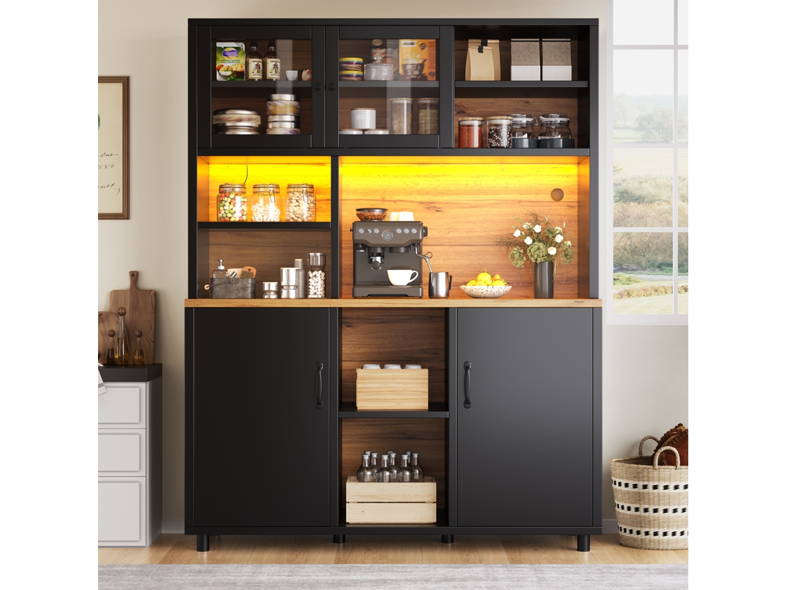 Armário Alto 185cm Para Cozinha, Led Controlável Por App, Portas Corrediças, Prateleiras Ajustáveis Acabamento Madeira Escura