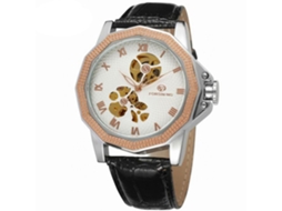 Relógio de negócios automático masculino Forsining com design vazado em ouro branco e rosa.