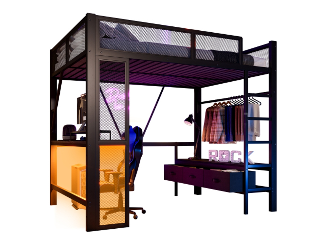 Cama Alta de Metal para Brincar, 140 X 200 Cm, com Usb, Led, Escrivaninha, Guarda roupa Aberto e 3 Gavetas para Roupa Suja, Preta. DELCOND
