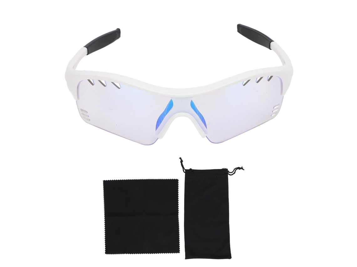 Óculos Rebe-Sports infantis com armação fotocromática adaptável à luz para corrida e escalada, armação branca + detalhes em azul.
