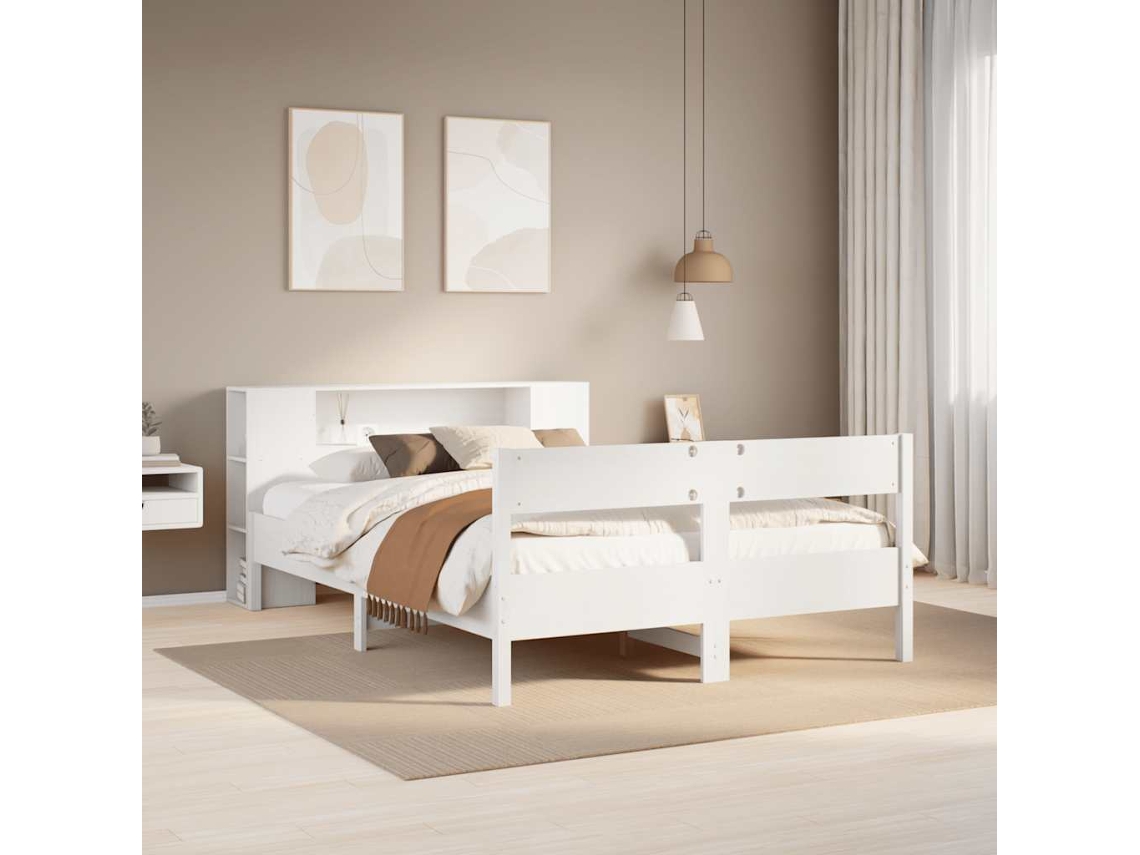 Vidaxl Cama Com Estante Sem Colchão 160x200 Cm Pinho Maciço Branco