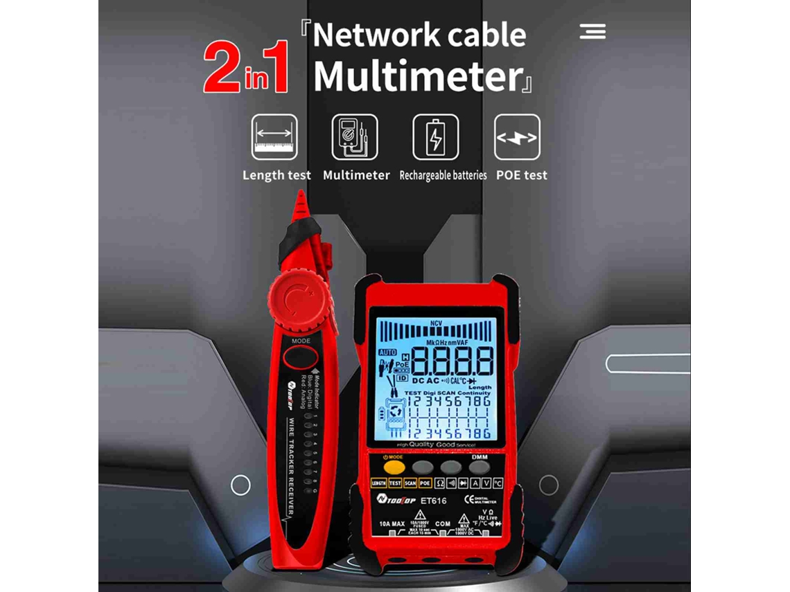 Tester De Cabos Portátil Handheld Tooltop Et616 Com Tela Lcd, Teste Poe, Medição De Comprimento E Circuito Aberto/curto