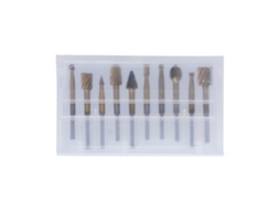 Conjunto de 10 fresas rotativas de aço rápido revestidas com titânio para entalhe em madeira, haste de 1/8" e 40 mm de comprimento.
