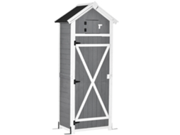 Casinha De Jardim De Madeira, Abrigo Para Ferramentas Resistente, 78x52,5x182cm, Com Porta, Telhado Inclinado, Armário Para Com Ganchos, Mesa