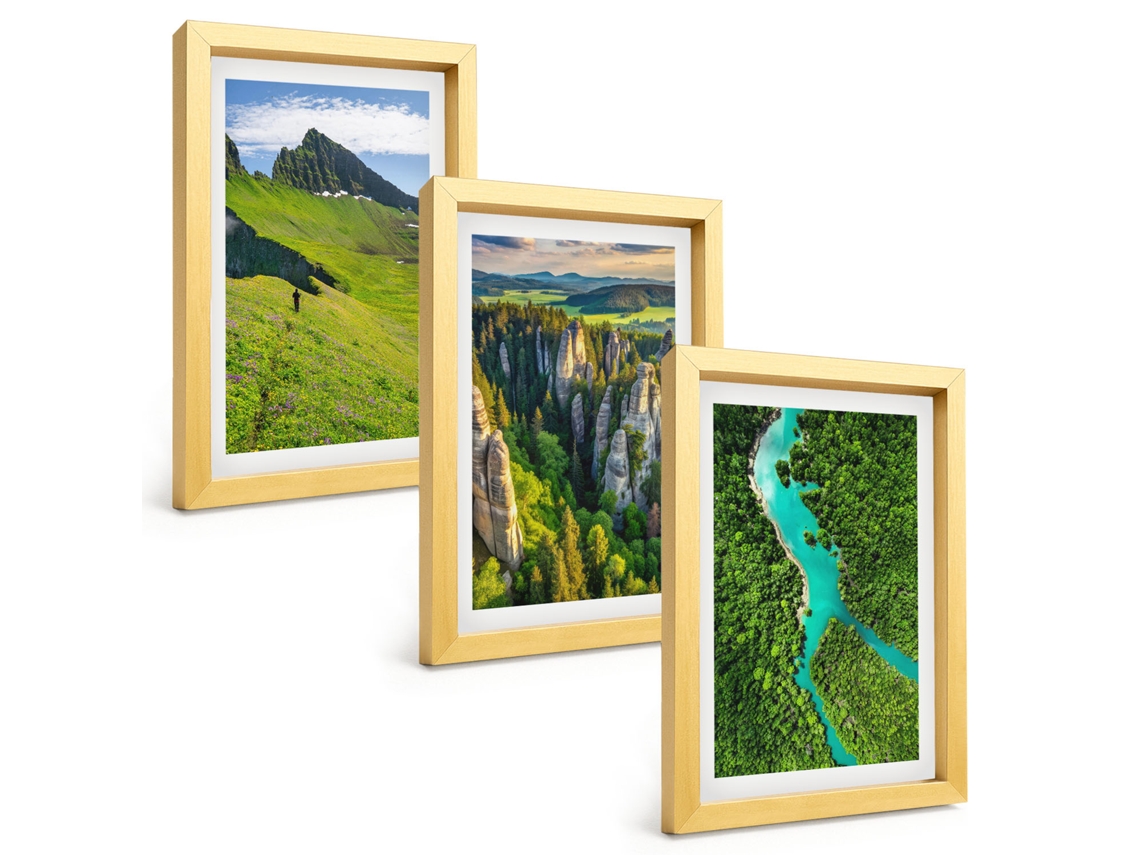 Composição De Quadros Na Paredemontanhas Verdes, Rio, Rochas Moldura Dourada Quadros Para A Sala De Estar Espelharte (3 Peças 20x30 Cm)