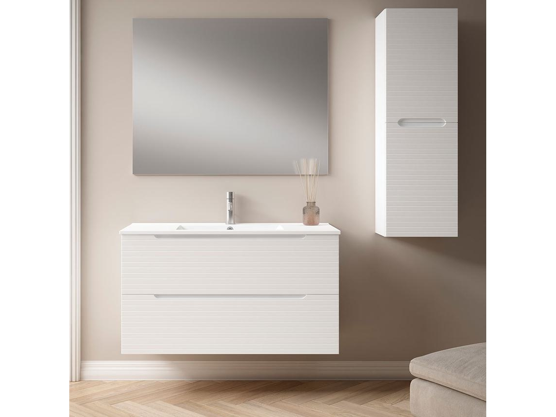 Móveis de casa de banho com lavatório, espelho e aplique LED BOREAL 100x45 cm acabamento branco mate 2 gavetas suspensas