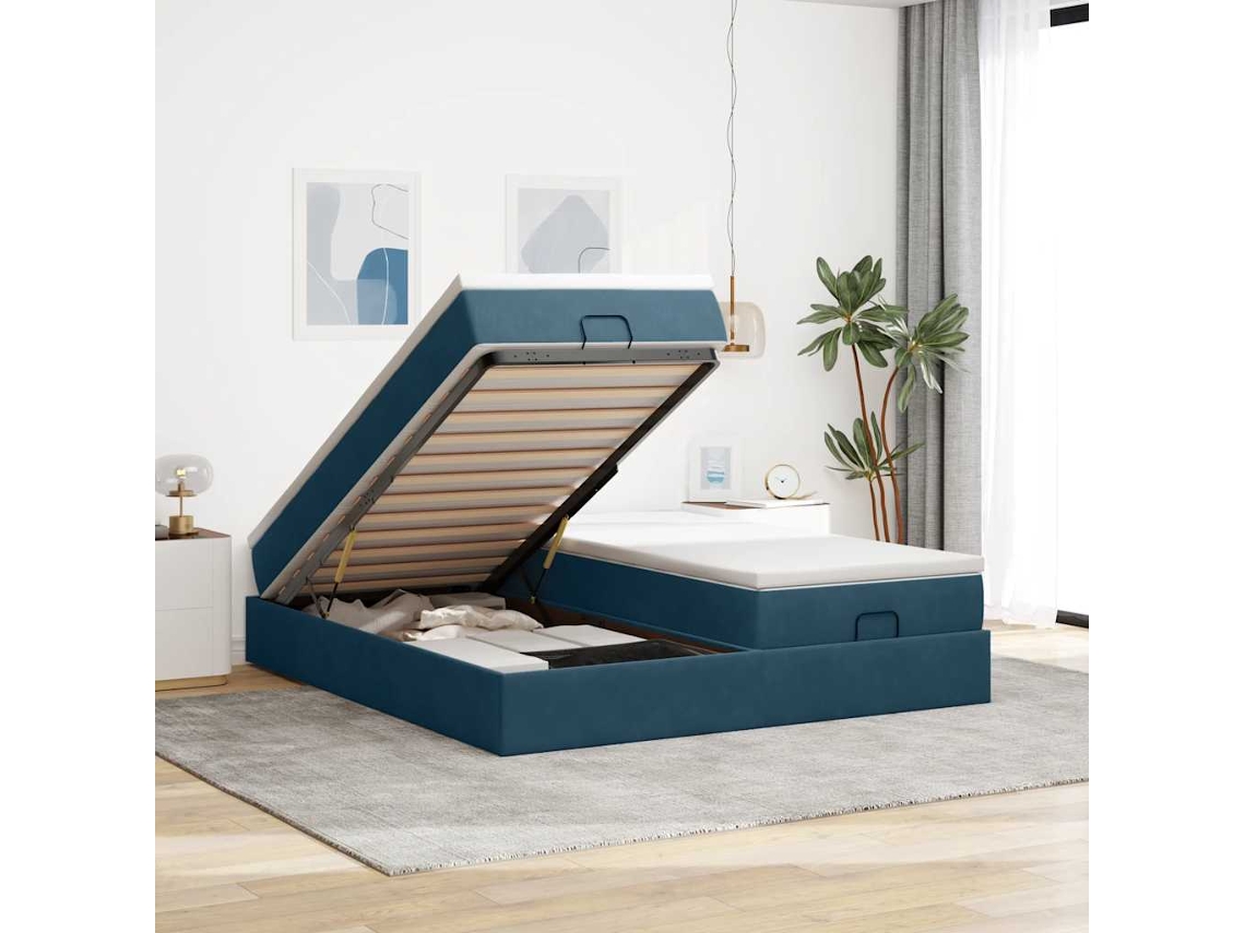 Vidaxl Estrutura Cama Otomana Colchões 180x200 Cm Veludo Azul Escuro