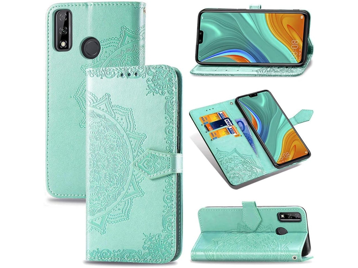 Capa Polegada Encantador Mandala Design Relevo Stent para Huawei Y8S HONGWE. Pele Sintética Magnética Verde