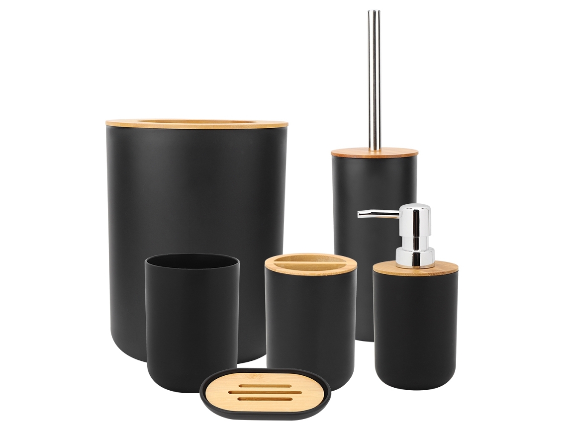 Conjunto de Acessórios de Banheiro 6 Peças PP+Bambu Preto
