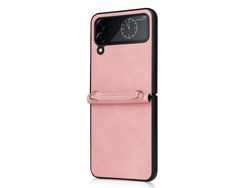 Capa com Cordão para Samsung Galaxy Z Flip 4 5G Pele Sintética Rosa