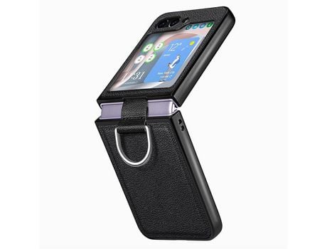 Capa para Samsung Galaxy Z Flip 5 5G JUNSUNMAY Pele Sintética Anti-Choque Preto