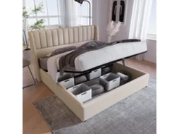 Cama De Arrumação Cama Estofada Cama De Casal Hidráulica 160x200cm, Base Ripada De Madeira, Cama Com Estrutura Metálica Cama Base, Roupa De Cama, Bege