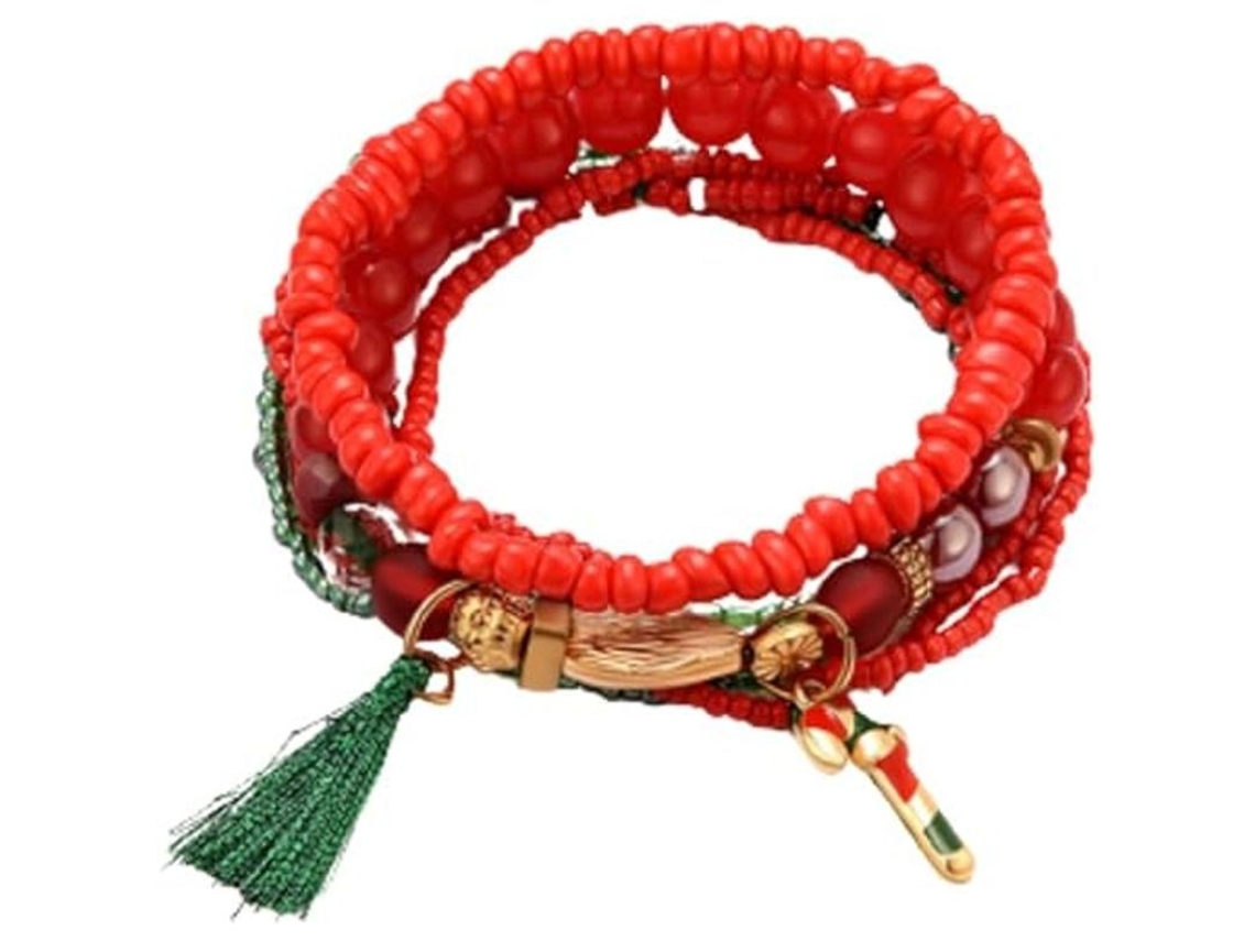 Pulseira de Contas Esticável com Charms de Natal Campainha Boneco de Neve Multicolorida