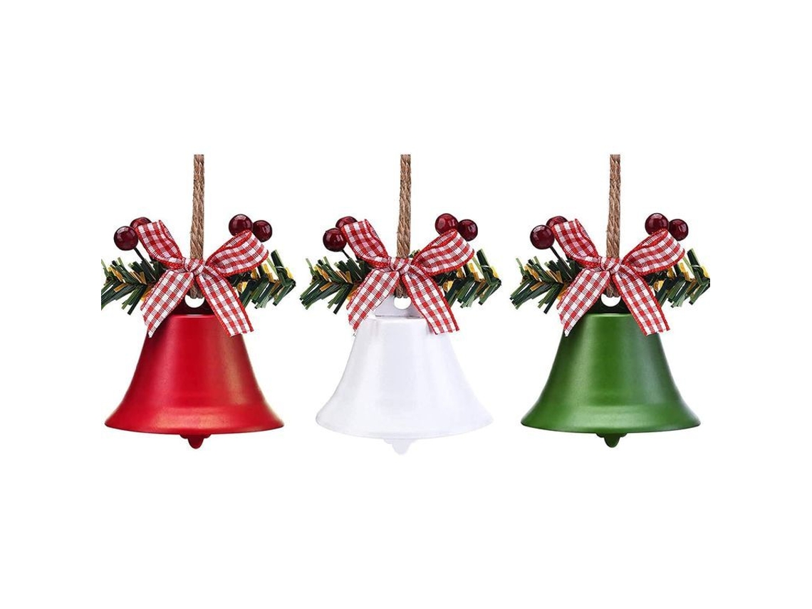 3pcs Adornos De Campanas Navideñas Rojo Blanco Verde, Colgantes De Campanas Para Árbol De Navidad Con Acebo Y Frutos