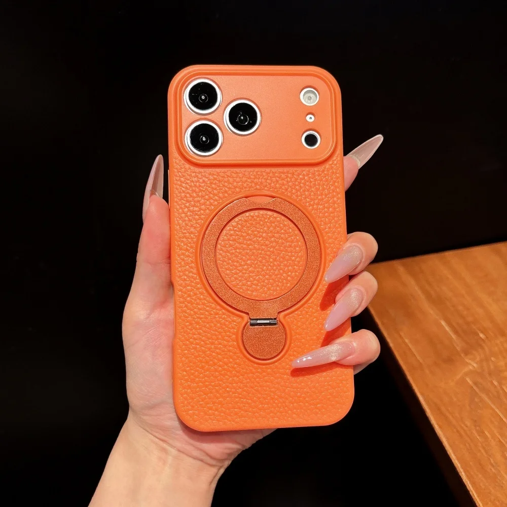 Capa Protetora Com Suporte Magnético (laranja) Para Iphone 15 Pro Max, Resistente A Impactos E Com Textura De Couro.