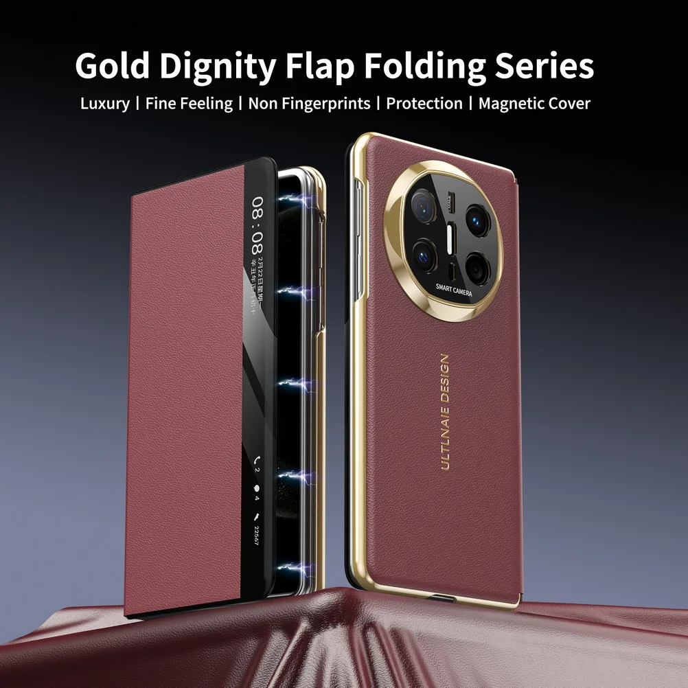 Capa De Couro Retrô Para Celular Huawei Mate X5 (vermelho Escuro), Resistente A Impactos, Com Protetor De Lente Magnético Integrado.