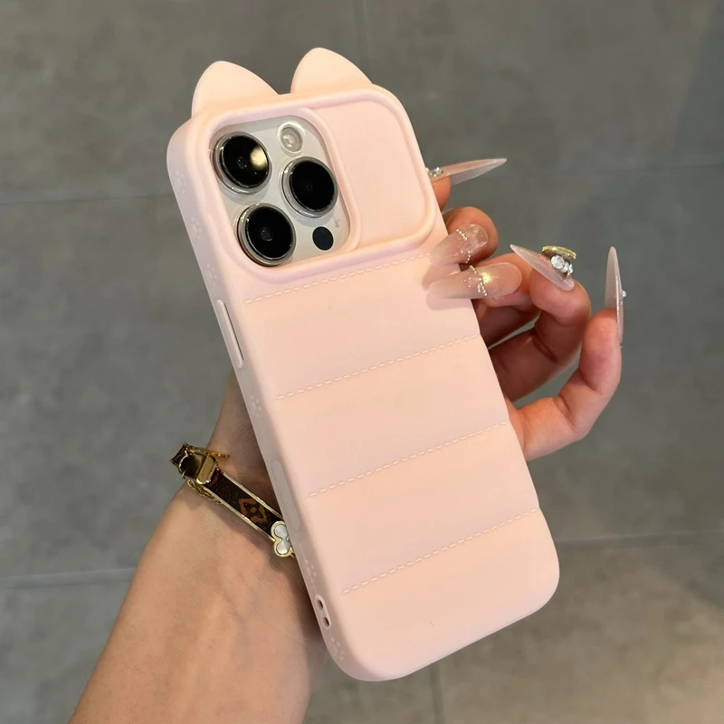 Capa De Celular Rosa Com Orelhas De Gato Em Silicone Macio, Estrutura E Parte Traseira À Prova De Choque.
