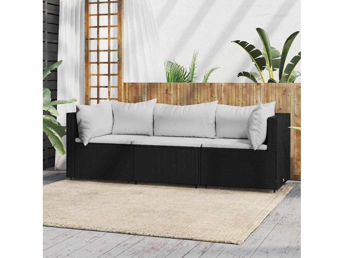 3 Pcs Conjunto Lounge De Jardim C/ Almofadões Vime Pe Preto Dkd Home Decor