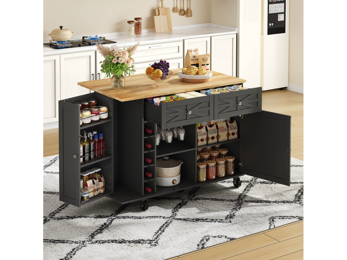 Ilha Cozinha Preta 120x45(70)x89cm, Bancada Dobrável, 5 Rodízios, Prateleira, Suporte Vinhos/copos. Cs