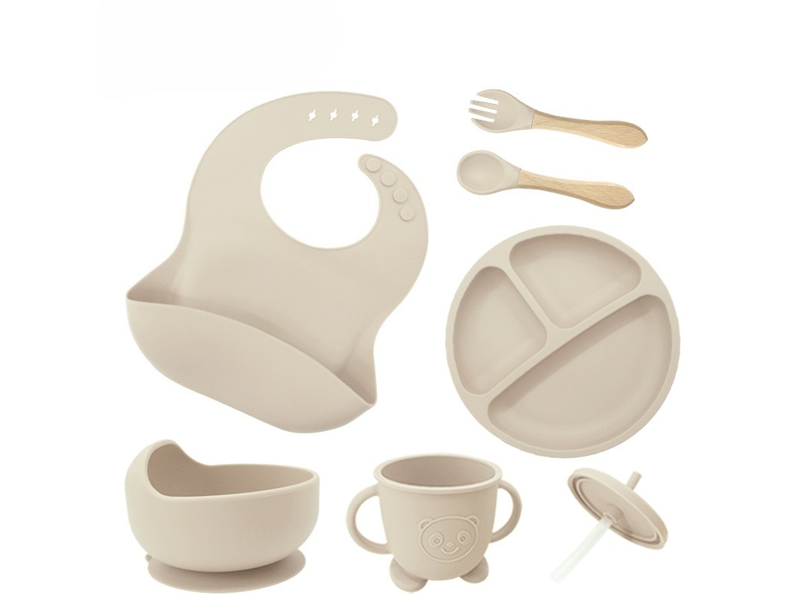 Conjunto de Utensílios em Silicone para Alimentação Infantil, com Ventosas na Base, 6 Peças Branco Off white PANOONA