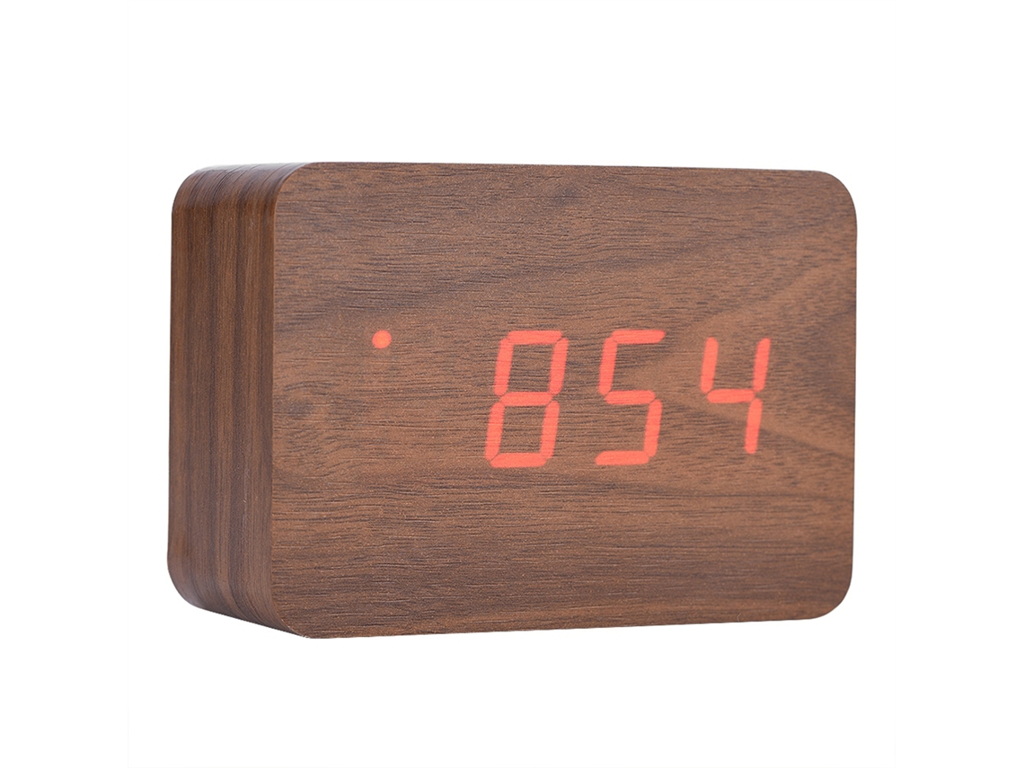 Reloj despertador digital de madera con pantalla LED, control de sonido y temperatura, marrón | S/MARCA