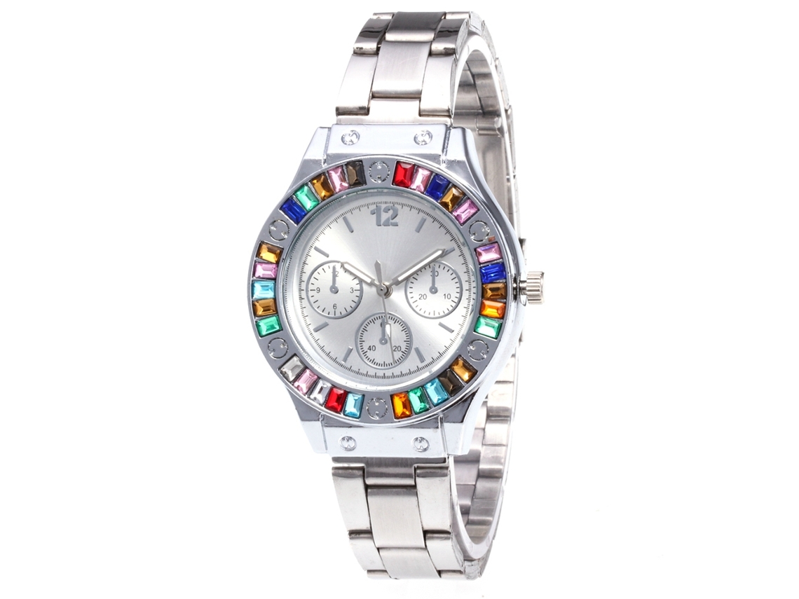 Relógio de Quartzo com Pulseira de Aço Estilo Fashion Caixa de Mostrador Colorido Universal Prata