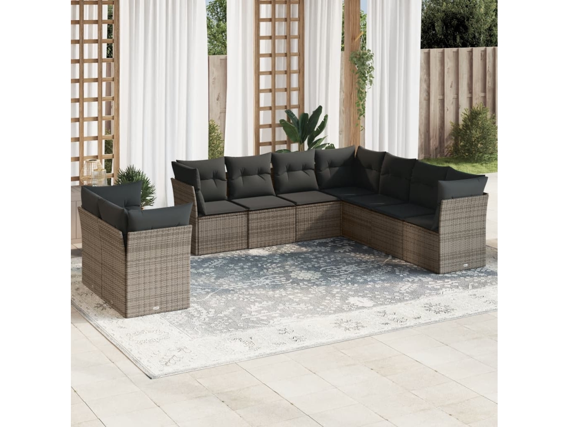 Vidaxl 9 Pcs Conjunto Sofás P/ Jardim Com Almofadões Vime Pe Cinzento