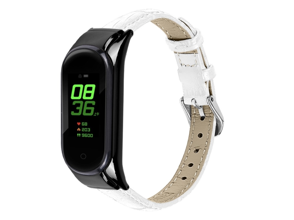 Bracelete de Couro Genuíno Grão de Bambu para Xiaomi Mi Band 7 Branco