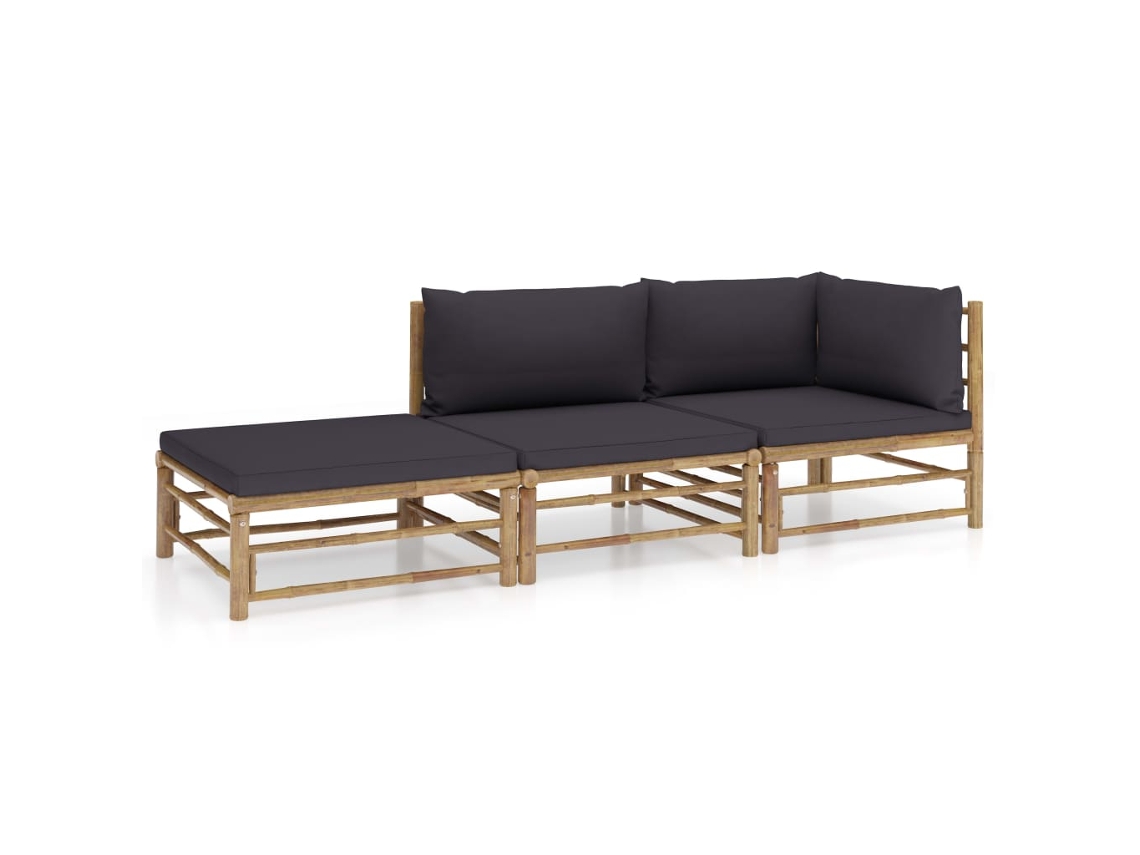 Vidaxl 3 Pcs Conj. Lounge Jardim Em Bambu C/ Almofadões Cinza-escuro