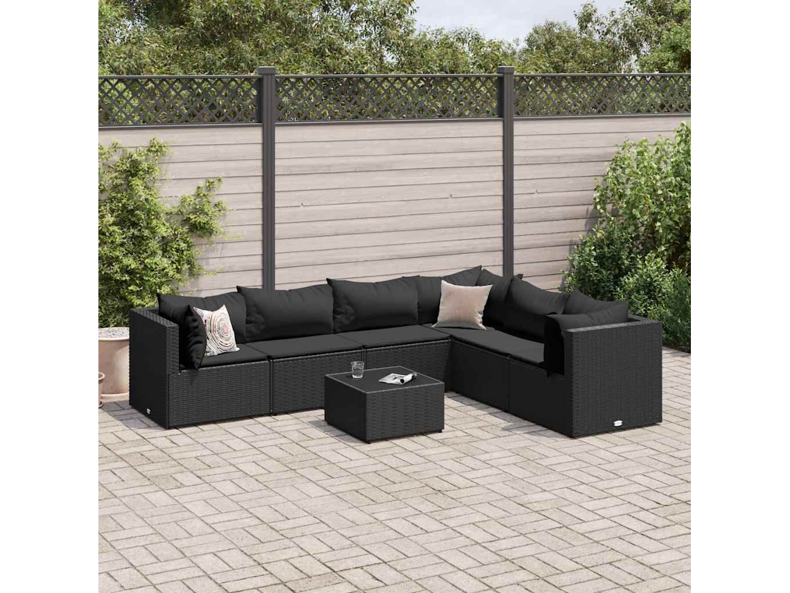 Vidaxl 7 Pcs Conjunto Lounge De Jardim C/ Almofadões Vime Pe Preto
