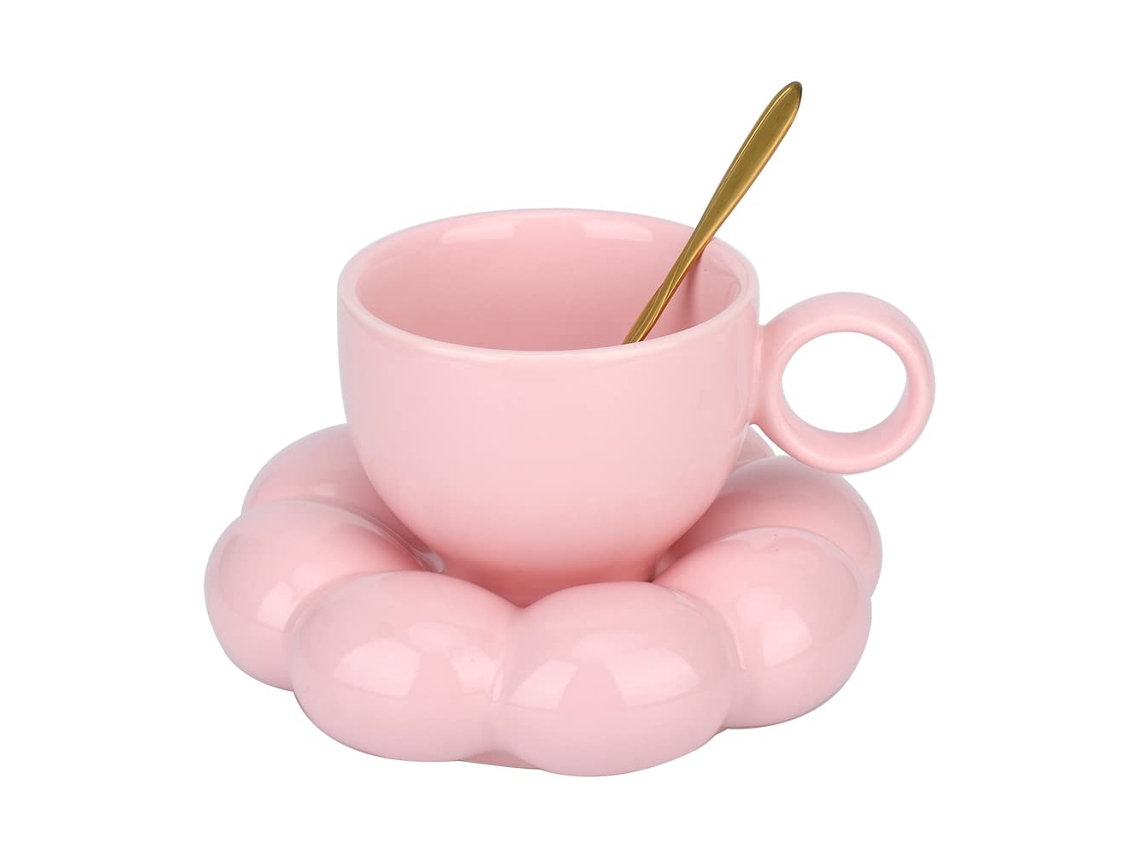Caneca De Café Cerâmica, Conjunto Xícara E Pires Com Estampa Nuvem, Colher Pires, Xícaras Para Latte 200ml Aquaforge (rosa)