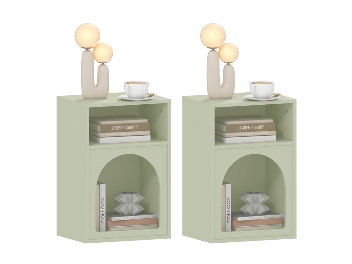 Conjunto de 2 Mesas de Cabeceira 2026 com compartimentos abertos, design arqueado, 40x30x60cm verde claro LAMAISON