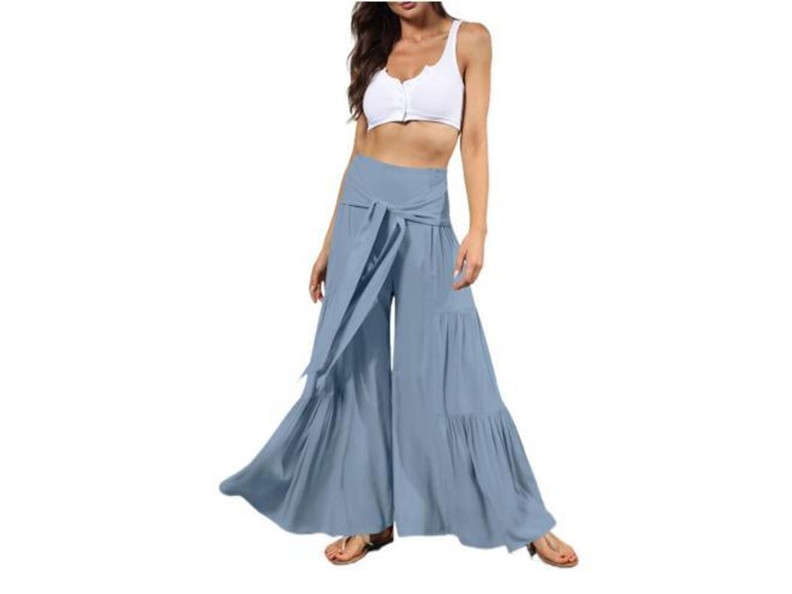 2026 pantalones de Yoga Amplios de Alta Cintura para Mujer Con Cinturón Atado, Ligeros Y Cómodos para Playa Y Descanso L Azul