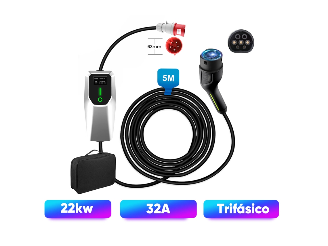 Carregador Portátil Hexinex 22kw Trifásico 32a Ajustável 5 Metros Para Veículos Elétricos
