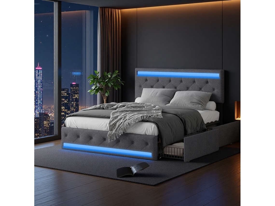 Cama 140x190 Cm Com Arrumação, Led, Usb, Cabeceira Ajustável Em Altura, 4 Gavetas, Tecido Linho Cinza, Estrado Incluído Ycone