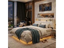 Cama de Casal LAZYSPACE em veludo com gaveta de arrumação, bege, 140x200 cm