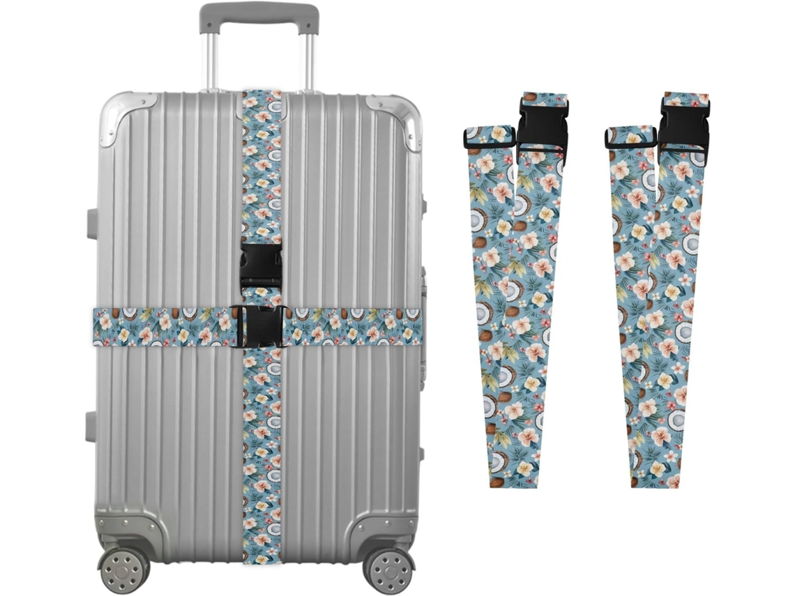 Conjunto De 2 Cintas Para Bagagem Com Casca Coco E Pequenas Flores Folhas Tropicais Malas, Cintas De Viagem, Acessórios