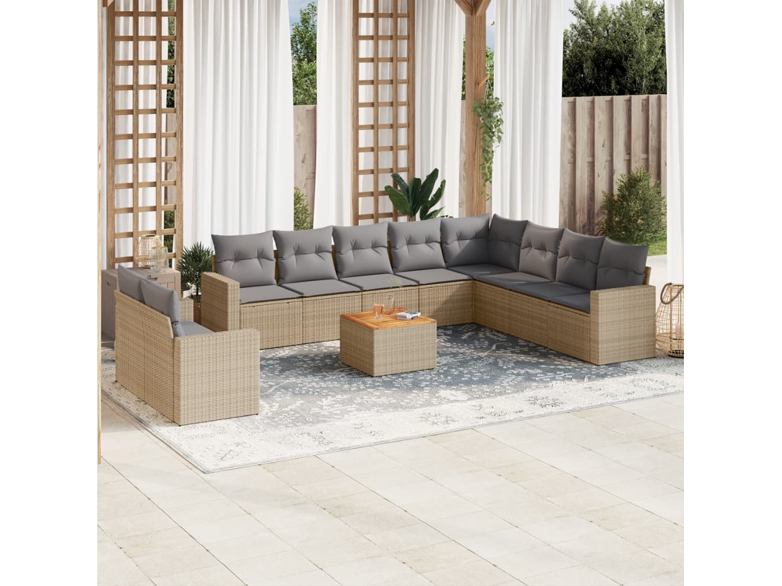 Vidaxl 11 Pcs Conjunto Sofás De Jardim C/ Almofadões Vime Pe Bege
