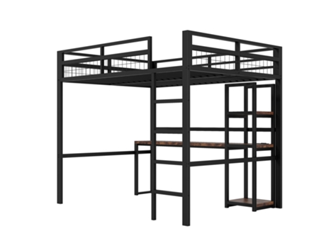 Cama Suspensa 140x200 Cm Em Estrutura Metálica Com Usb C, Grade E Escada Preto Komhtom (sem Colchão)