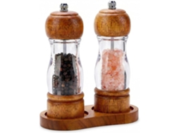 Conjunto de Moedores Sal e Pimenta Madeira Acácia 16 Cm com Bandeja, Especiarias Manuais Recarregáveis ​​com Visor Acrílico Ajuste Cerâmica. AQUAFORGE