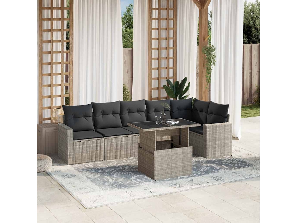 Vidaxl 7 Pcs Conj. Sofás Jardim Com Almofadões Vime Pe Cinzento-claro