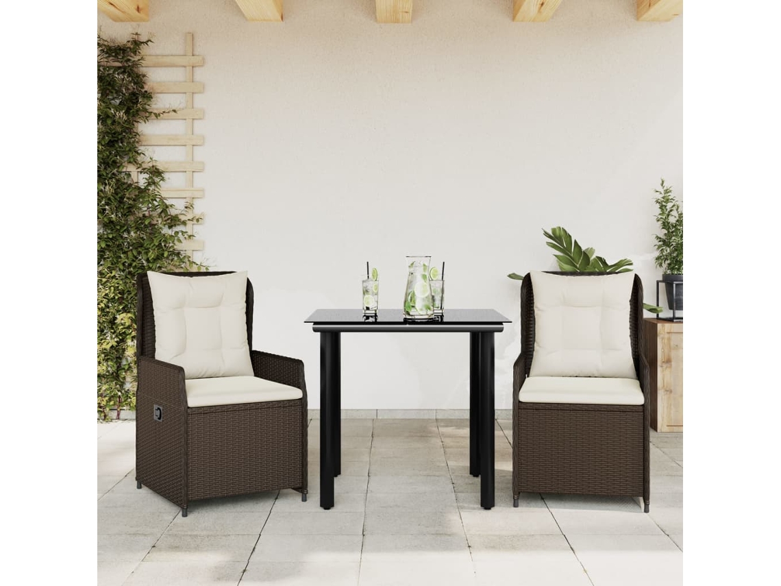 Vidaxl 3 Pcs Conjunto Jantar P/ Jardim C/ Almofadões Vime Pe Castanho