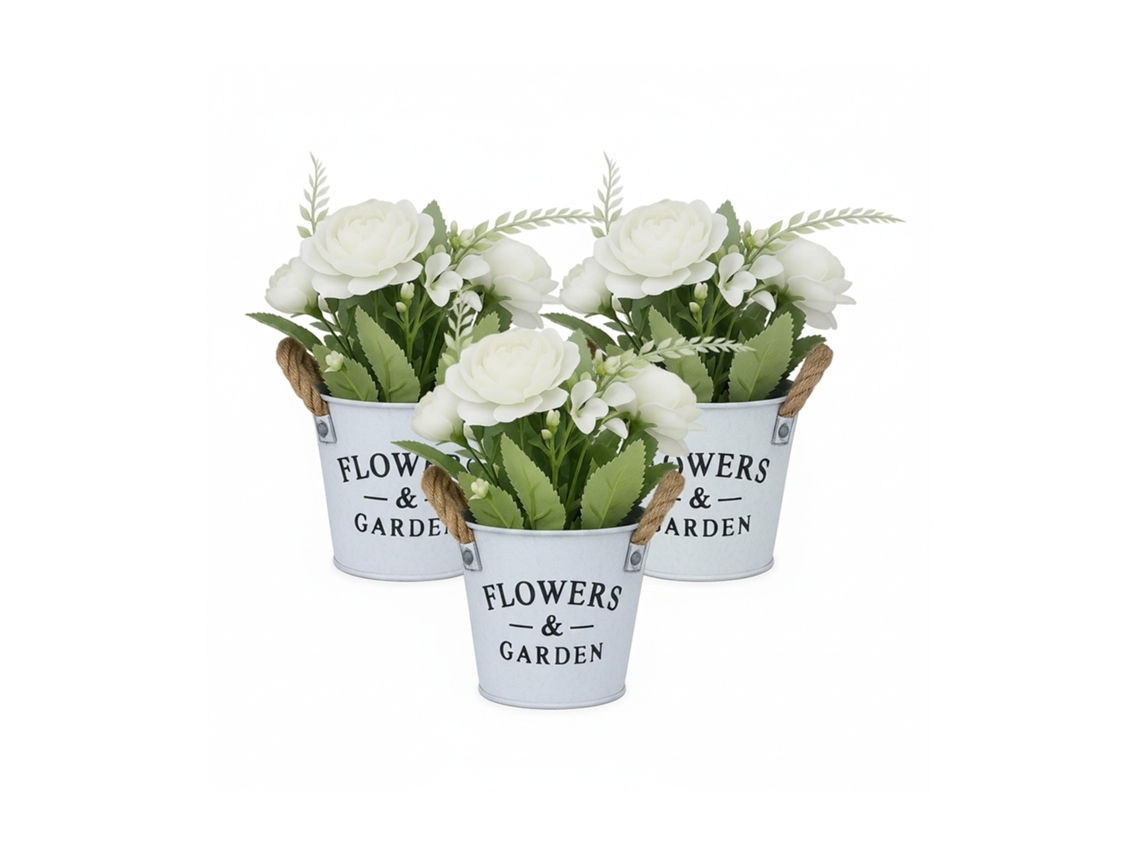 Relaxdays Arranjo De Flores Artificiais Em Vaso, 3 Flores De Plástico Realistas, Axd: 21 X 18 Cm, Branco