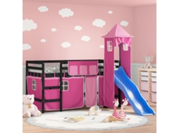 Cama Alta Para Criança Com Torre 90x190 Cm Pinho Maciço Rosa