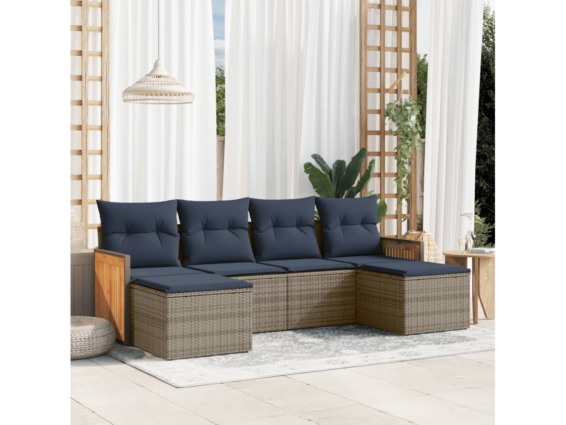 Vidaxl Conjunto De Sofá De Jardim Com 6 Peças E Almofadas Em Rattan Sintético Cinza