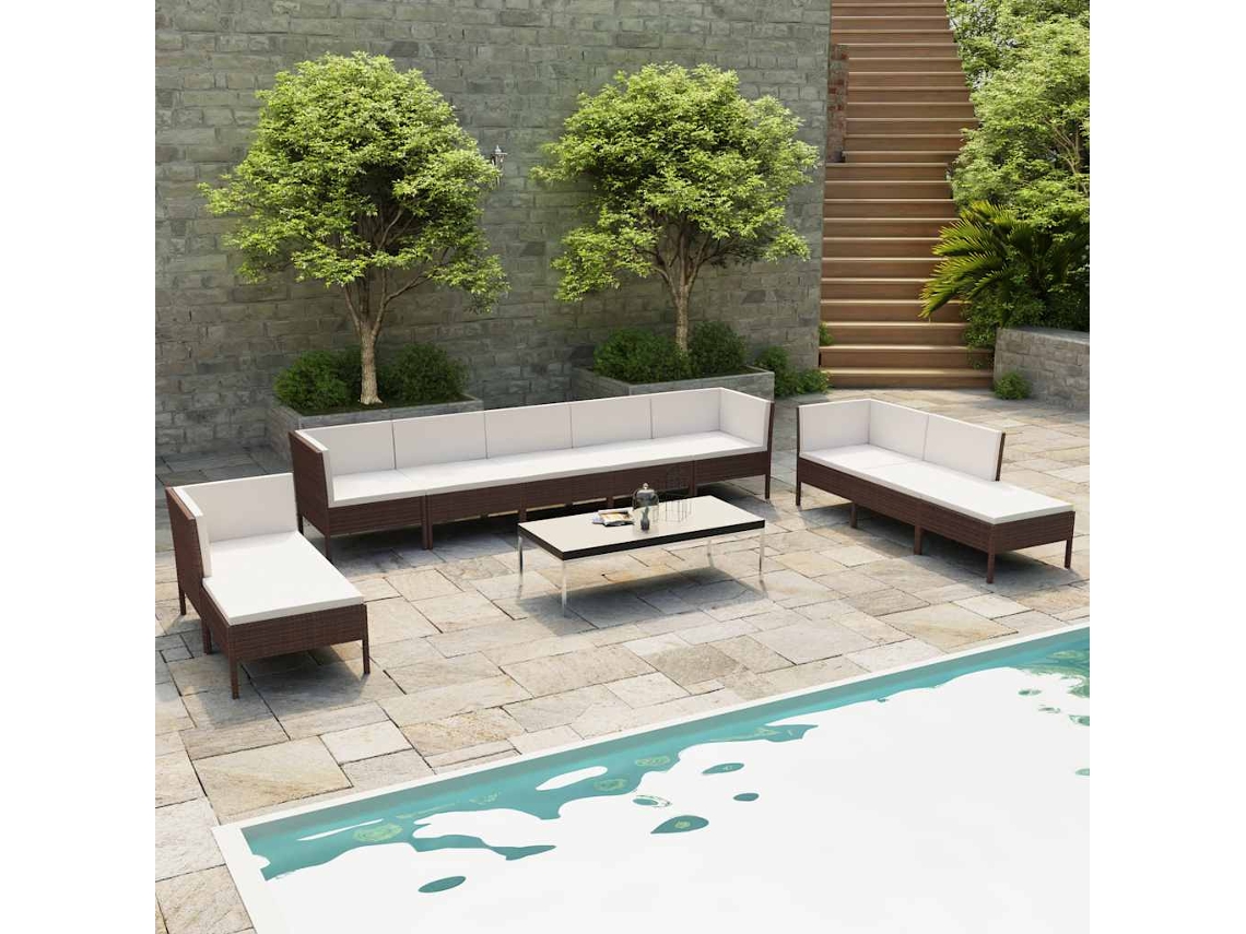Vidaxl 10 Pcs Conjunto Lounge Jardim C/ Almofadões Vime Pe Castanho