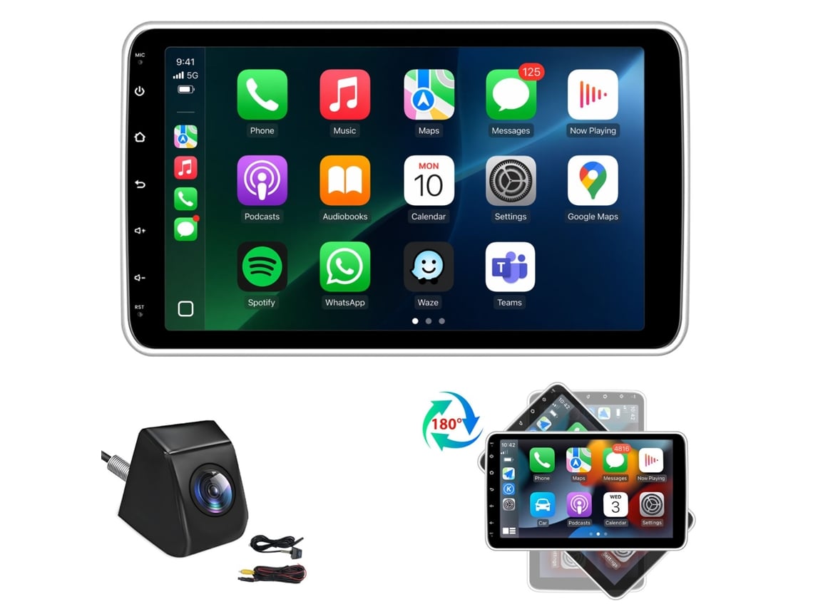 Ecrã Tátil 10.1 Polegadas Rotativo 180° Android, 4gb+64gb, Carplay e Android Auto Sem Fios, Gps, Dsp, Rds, Bluetooth Universal Mit Cam JUNSUN